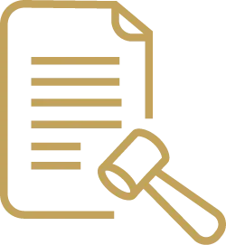 Pictogramme d'un document et d'un marteau d'audience, pour le droit pénal